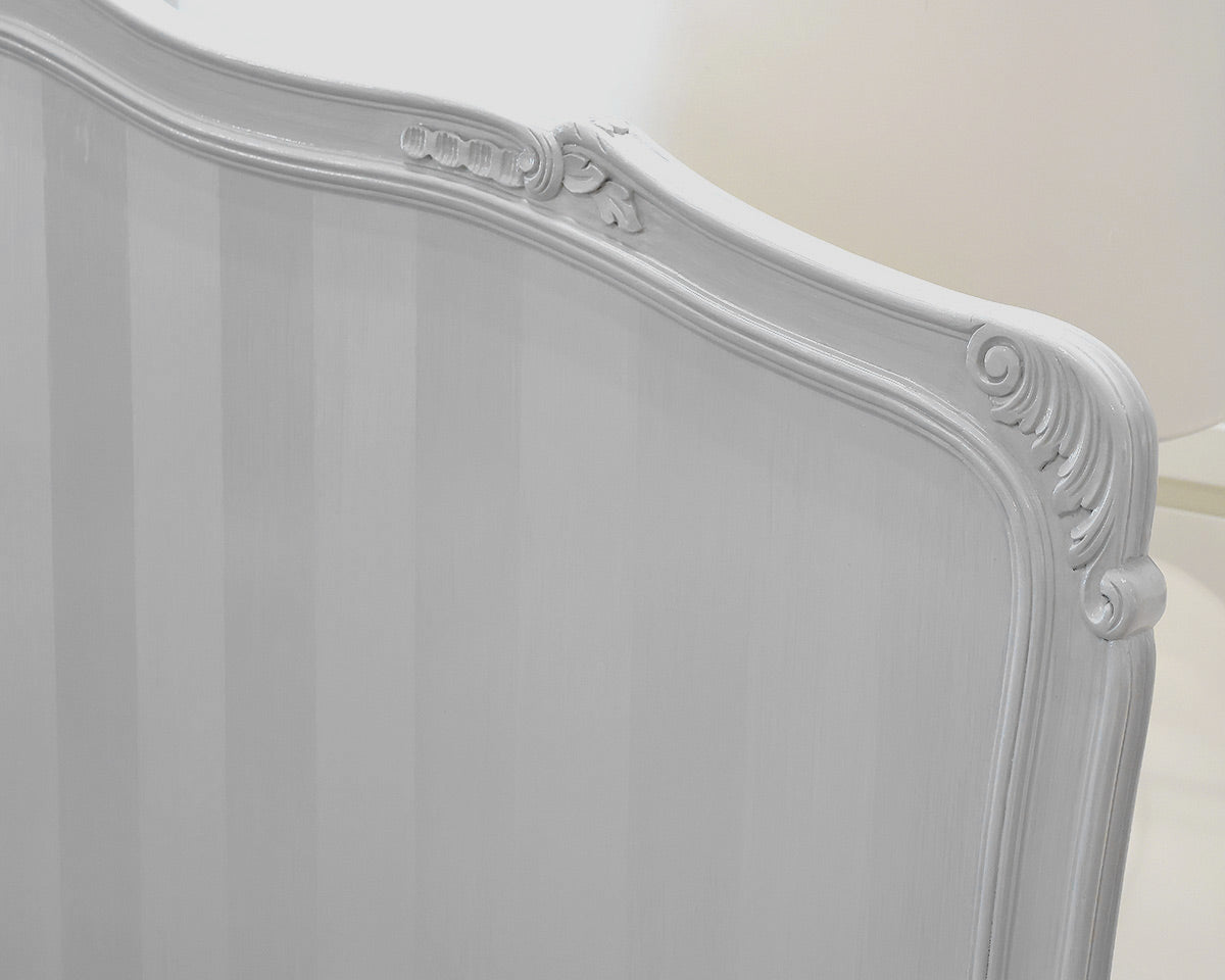 Carved French King Headboard in Grey with Tone-on-Tone Striped Panel