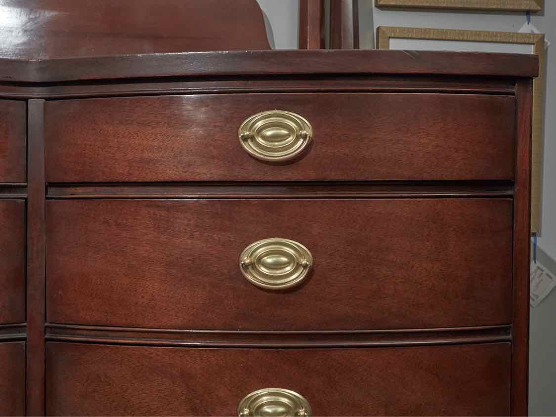 Mahogany Serpentine 12 Drawer Dresser with Hepplewhite Brass Handles