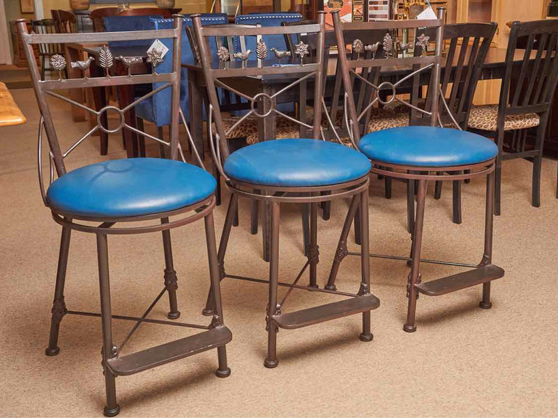 Set of 3 Wrought Iron Folk Art Design Counter Swivel  Stools