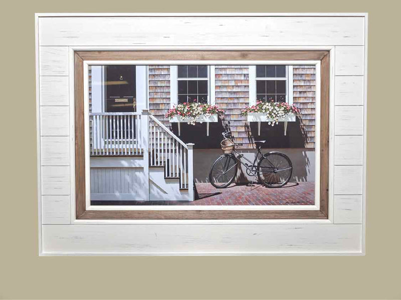 'Beach Time' White & Gray Framed Bicycle With Basket Of Flowers  Print