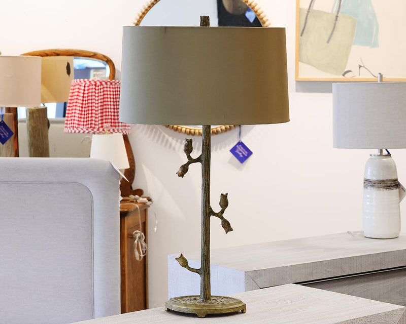 Branch Motif Table Lamp in Aged Brass with Oval Taupe Oval Shade