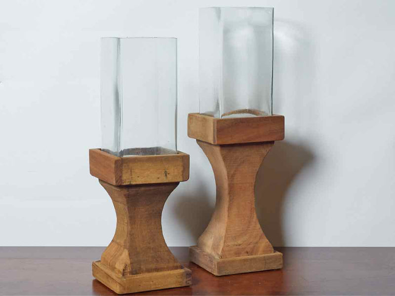 Set Of 2 Square Glass Hurricane Globe With Recycled Wooden  Bases