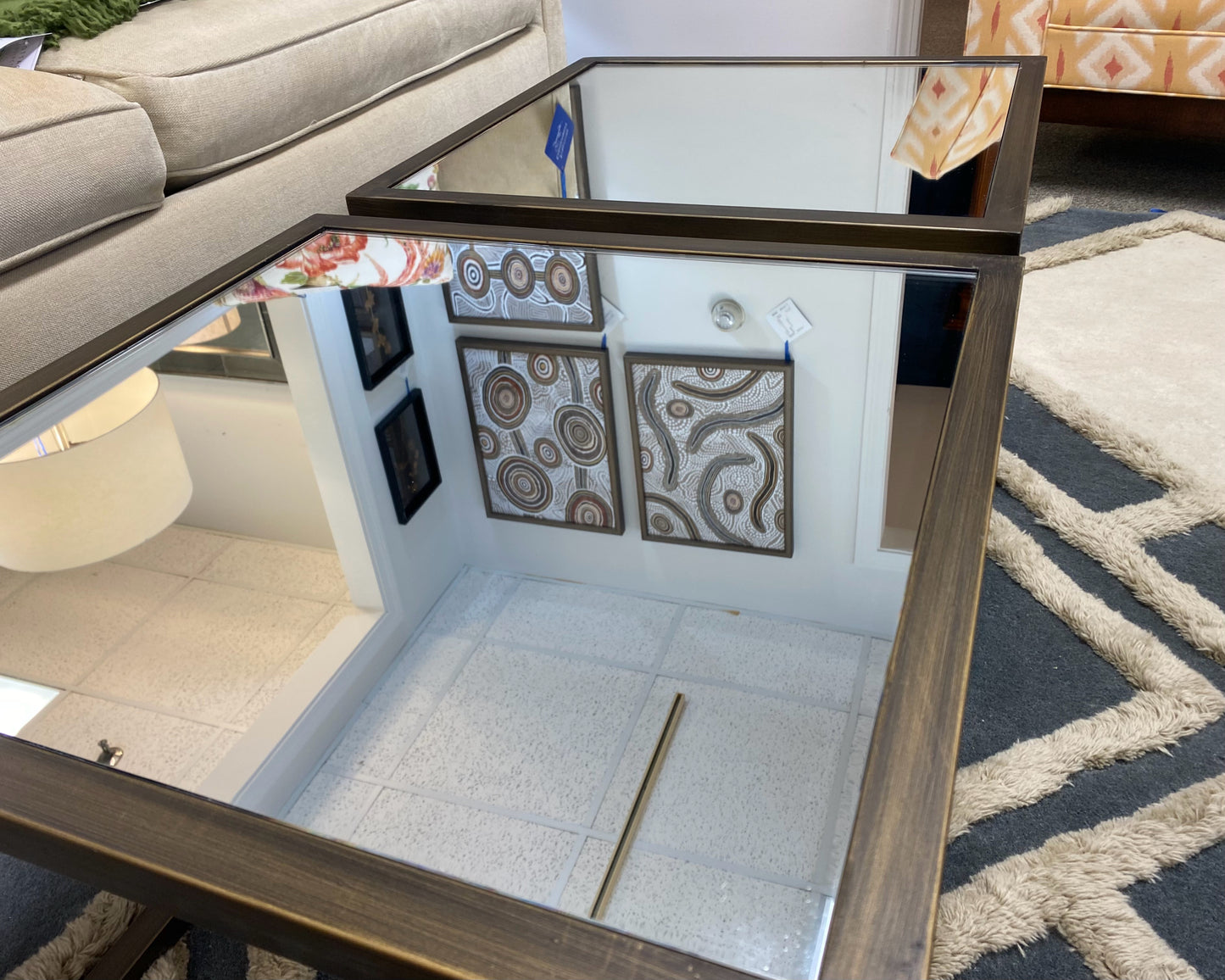 Pair Of Mirrored Top Side Table with Bronze Finish Metal Base