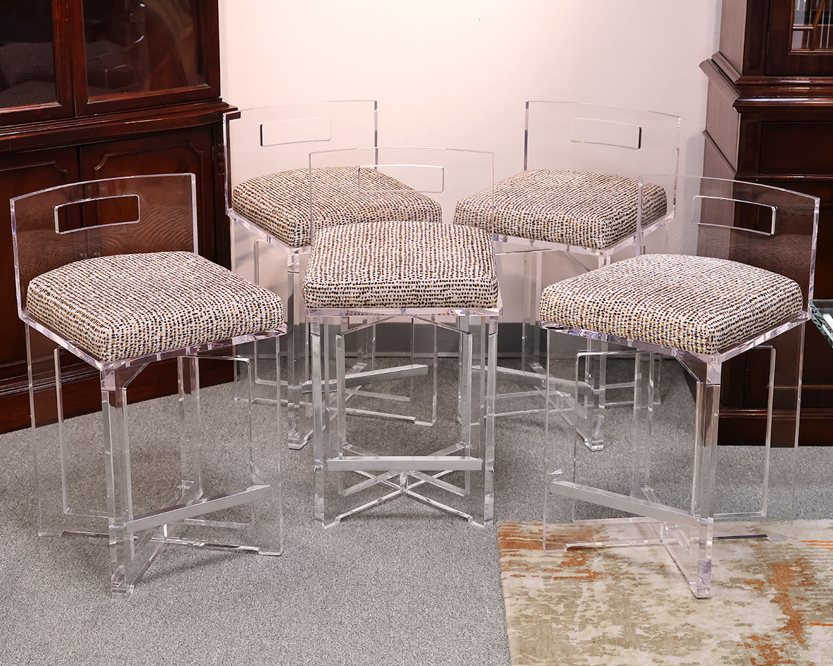 Set of 5 Muniz Candy Clear Acrylic Counter Stools with Custom Seats