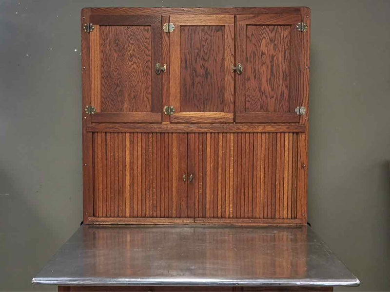 Antique Solid Oak Hoosier Baker Cabinet with Stainless Prep Surface