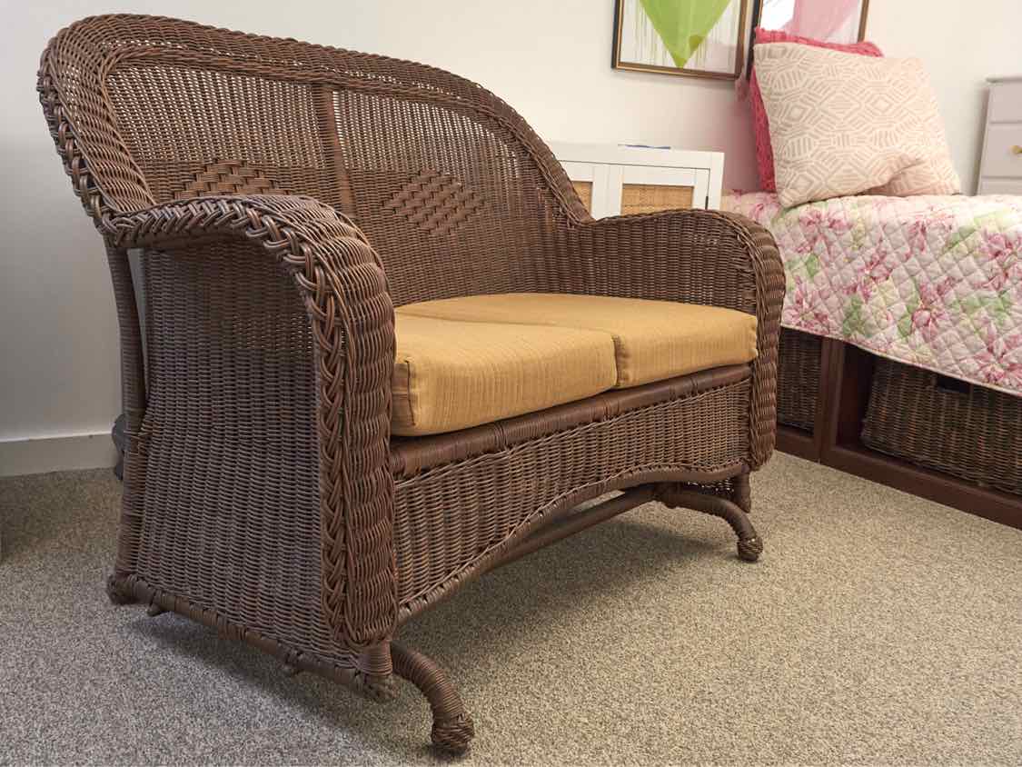 Brown Wicker Porch Glider with Cushions