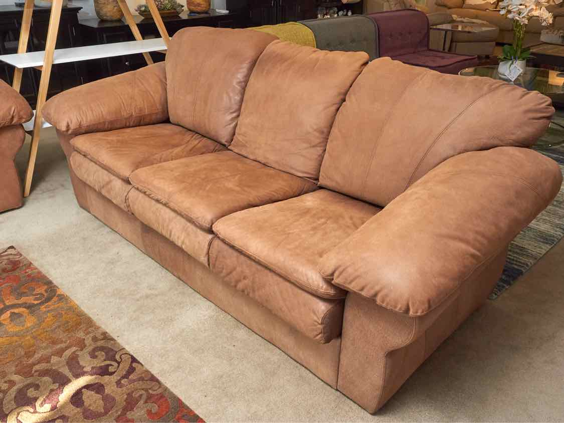 Leather Center 'Amber Cognac' Suede Leather 3 Cushion Sofa