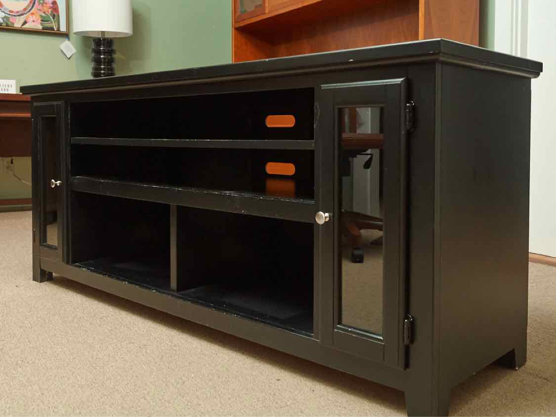 Black Finish 2 Glass Door 3 Shelf Media Console