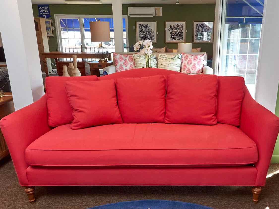 Calico Corner Camel  Back 'Nantucket Red 'Upholstered Bench Cushion Sofa