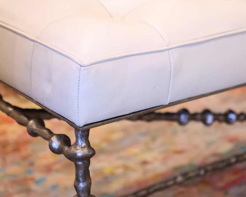 Off White Tufted Leather Bench w/ Decorative Iron Base