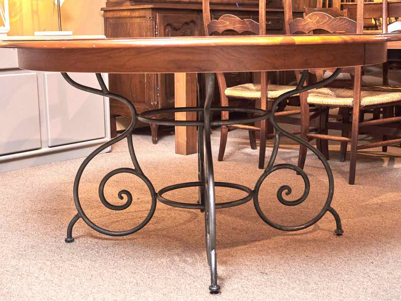 Ethan Allen Round Cherry Top Dining Table with Gun Metal Scrolled Base