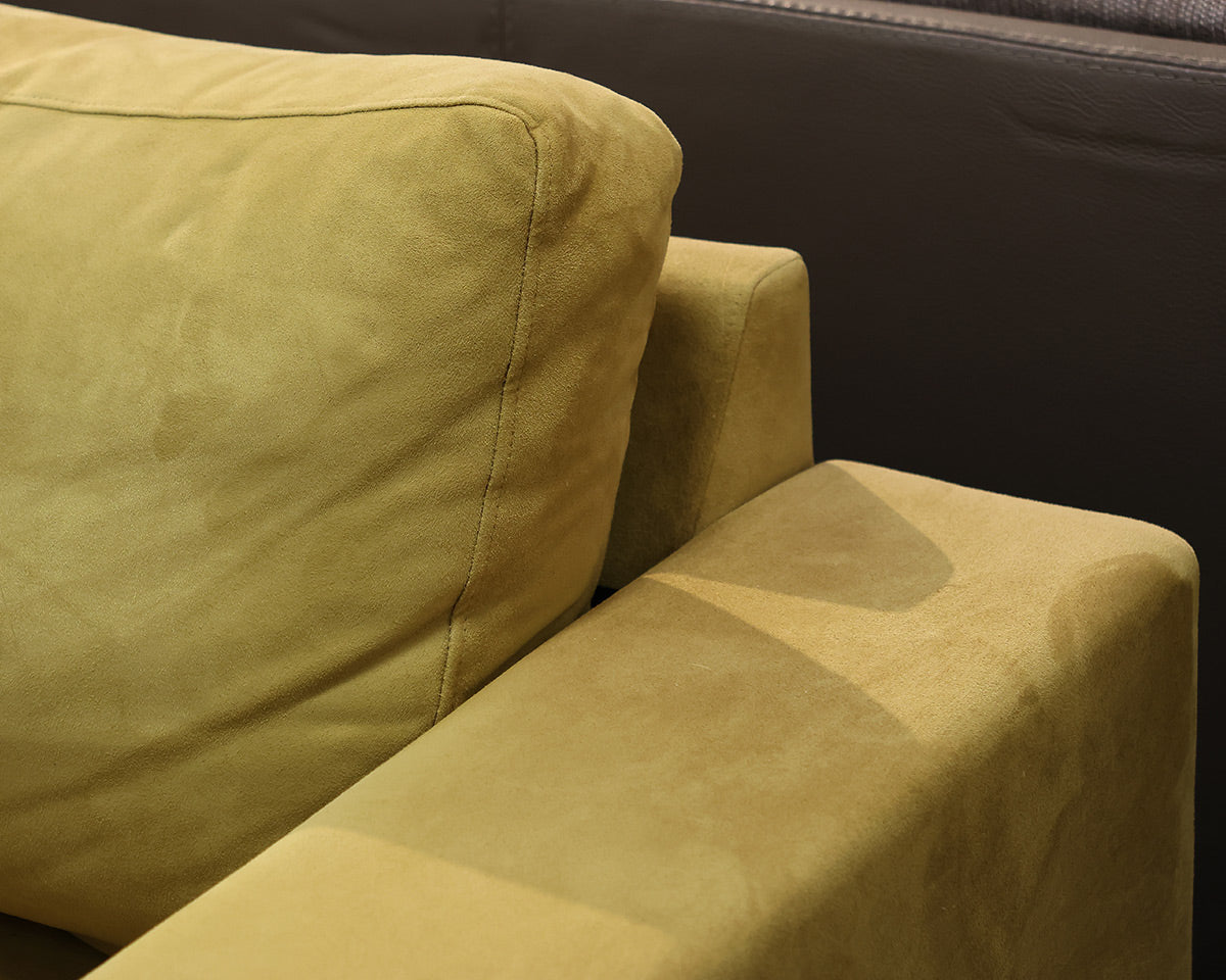 Bo Concept Loveseat in Chartreuse Microsuede on Brushed Stainless Legs