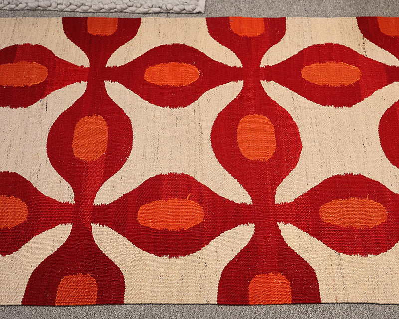 Dhoku Flat Weave Turkish Runner in Oatmeal, Red and Coral