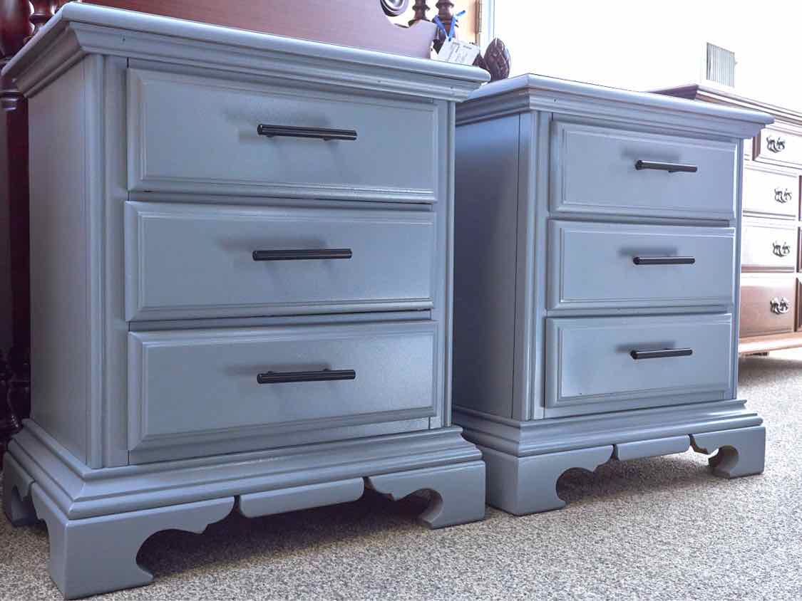 Pair of American Drew Dark Pewter Blue Finish 3 Drawer Nightstands