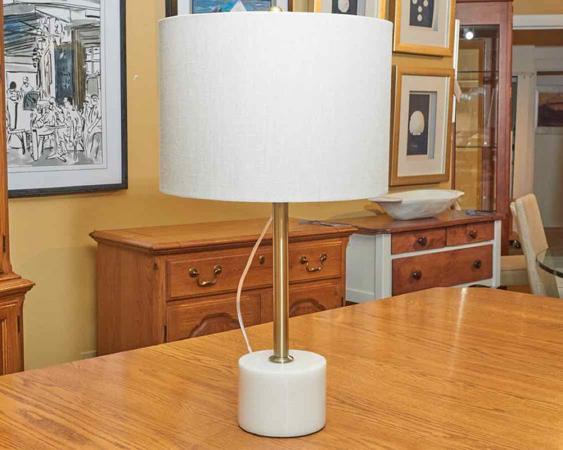 Urban Gold Finish Steel On White Marble Base Tan Linen Shade Table Lamp